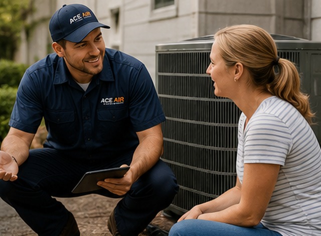 Ace Air technician explaining AC repair options to a homeowner