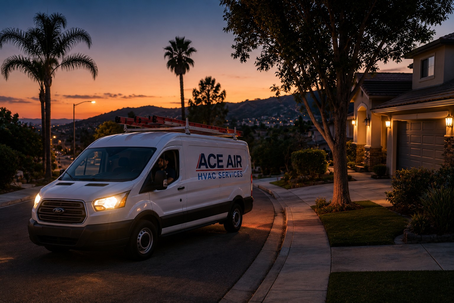 Ace Air service van arriving for emergency AC repair in Orange County