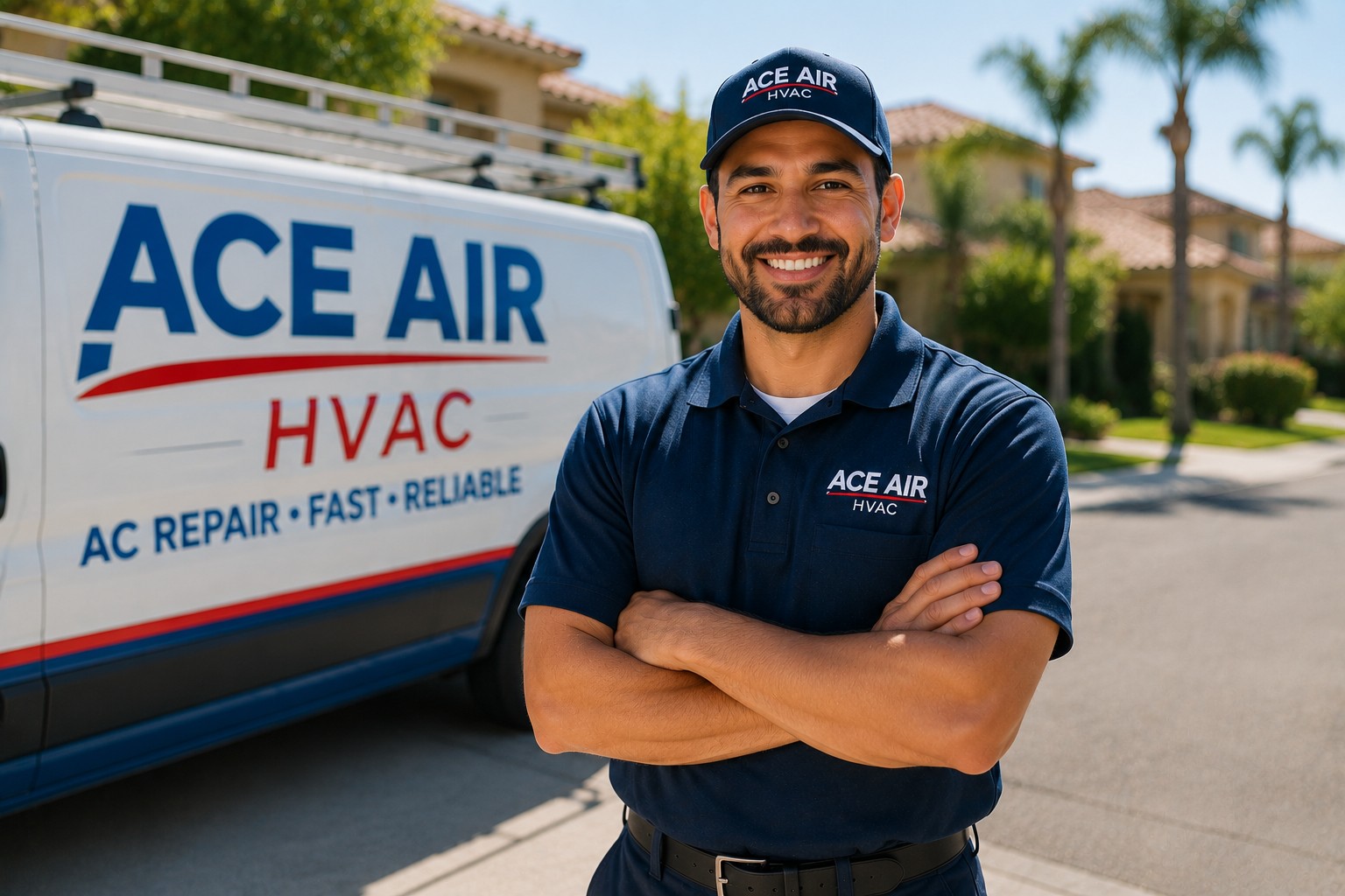 Ace Air technician standing by service van in an Orange County neighborhood