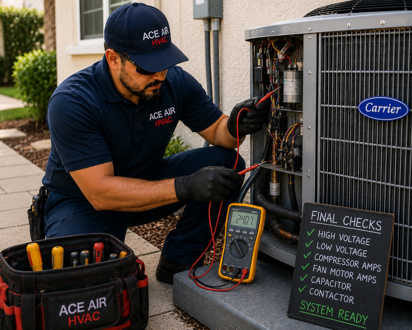 Ace Air technician diagnosing a local AC repair problem with professional tools