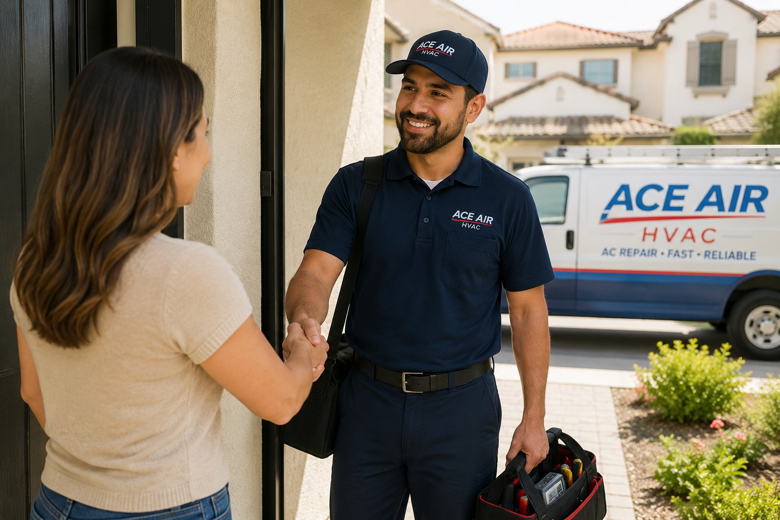 Ace Air technician arriving for AC repair near an Orange County homeowner
