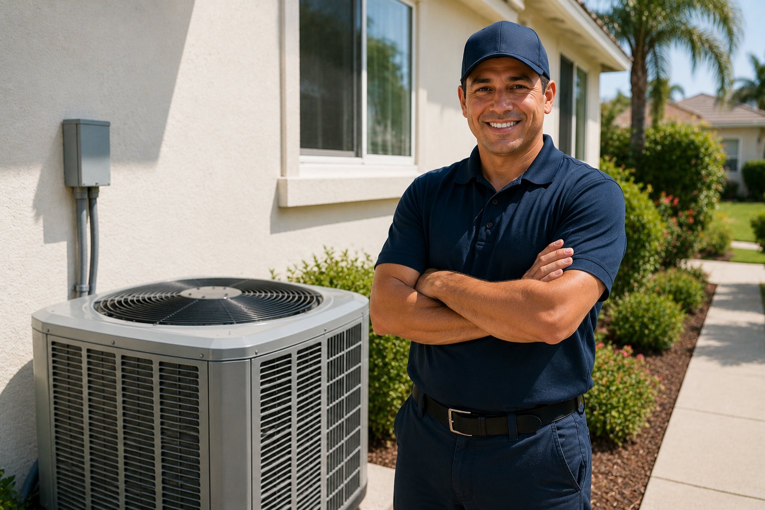 Licensed HVAC technician standing beside a professionally installed outdoor AC unit