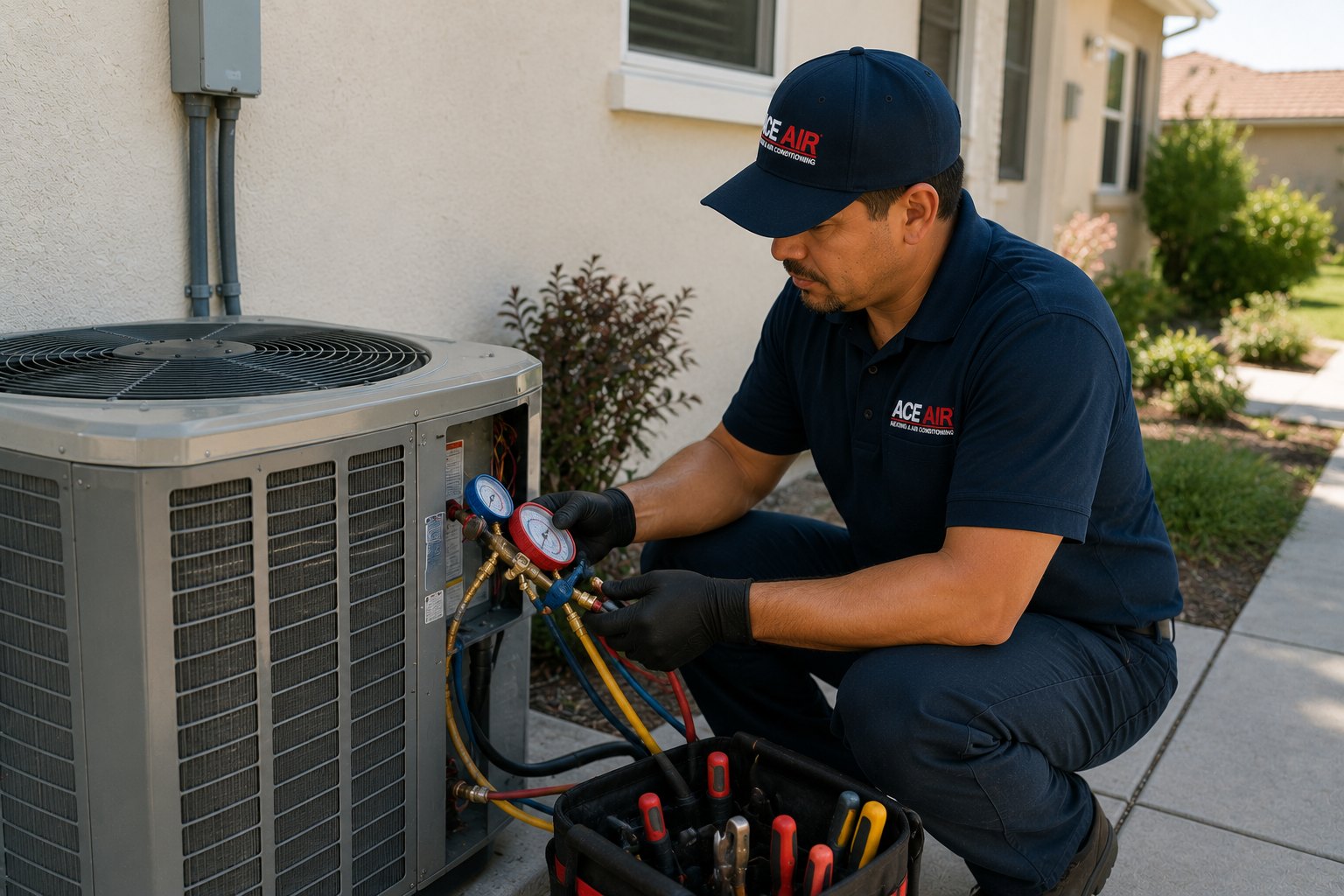 HVAC technician testing new AC system with gauges after installation