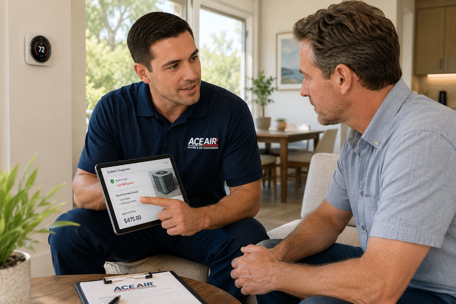 HVAC technician explaining an AC repair diagnosis and upfront pricing to a homeowner in Orange County