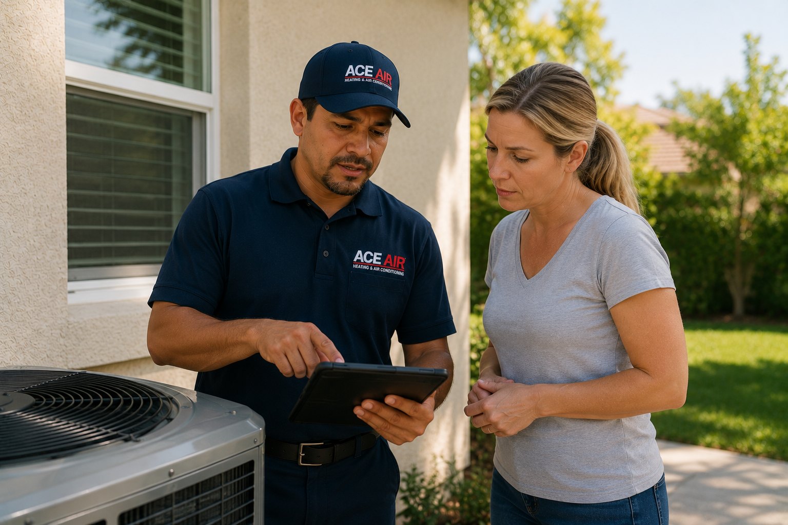 Local HVAC technician explaining AC repair options and upfront pricing to homeowner