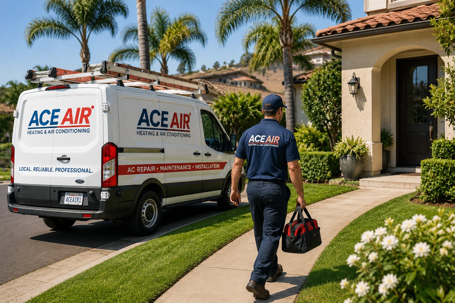 Ace Air technician arriving at an Orange County home for local AC repair service