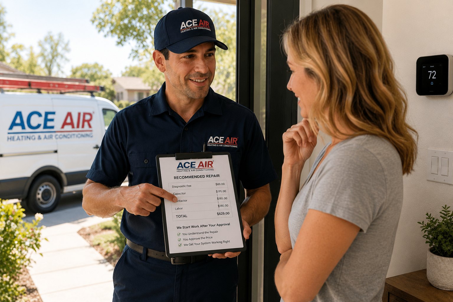HVAC technician reviewing AC repair recommendations and upfront price with homeowner before work begins