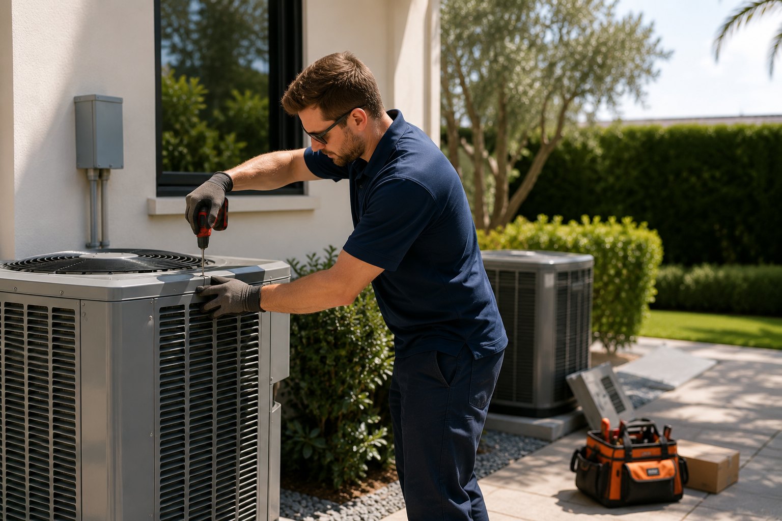 HVAC technician installing a new replacement air conditioning system outside a home