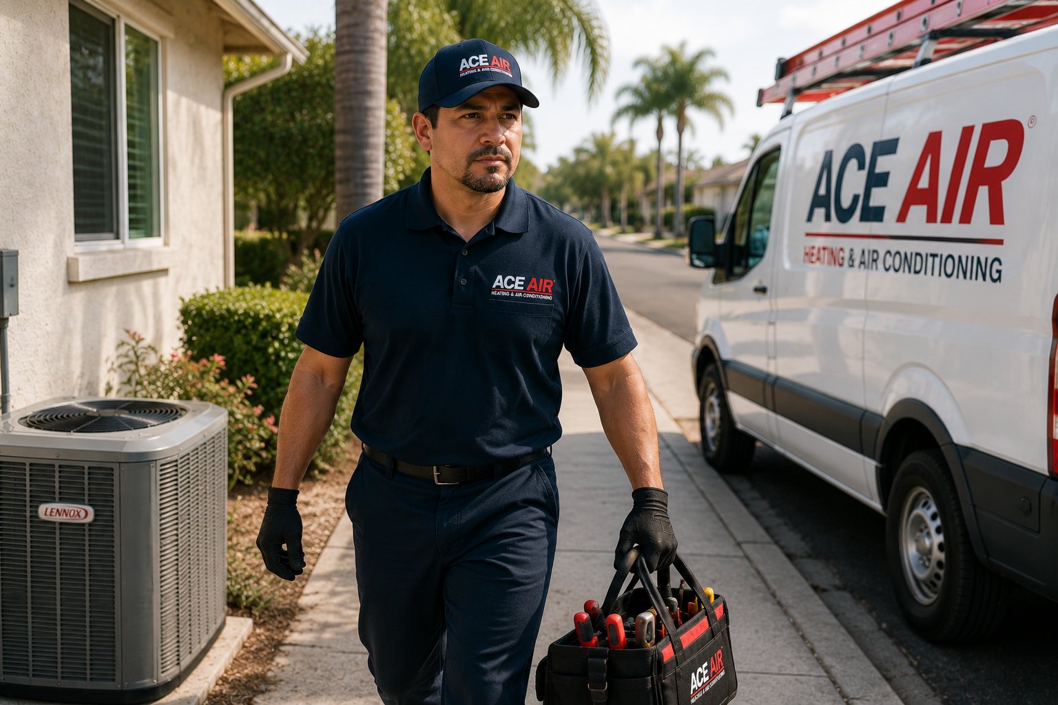 Ace Air technician arriving with tool bag for fast emergency AC repair service