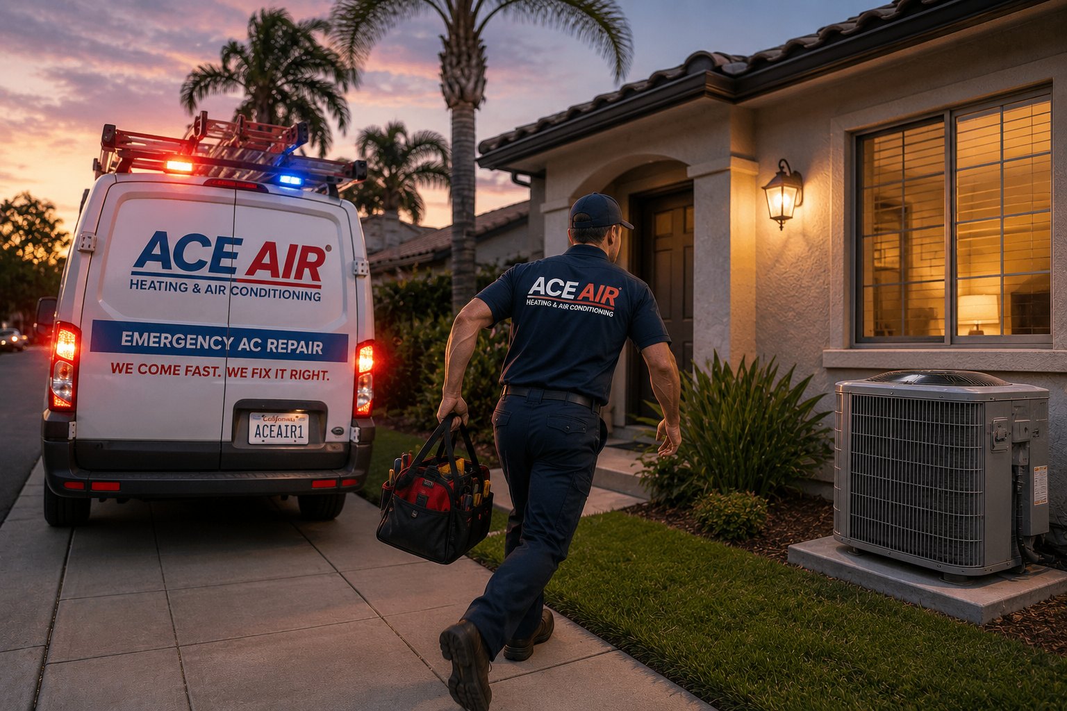 Ace Air technician arriving for emergency AC repair at an Orange County home