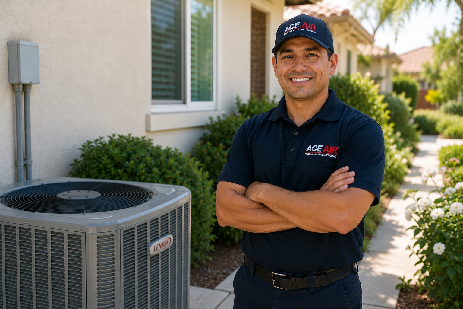 Ace Air technician outside an Orange County home after professional AC repair service