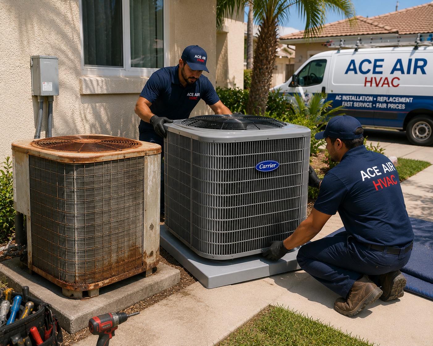 Old AC unit next to a new replacement air conditioner at an Orange County home
