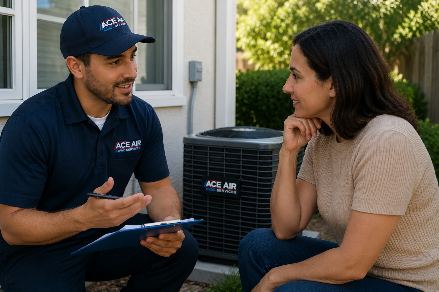 Ace Air technician evaluating an existing AC system with a homeowner before replacement