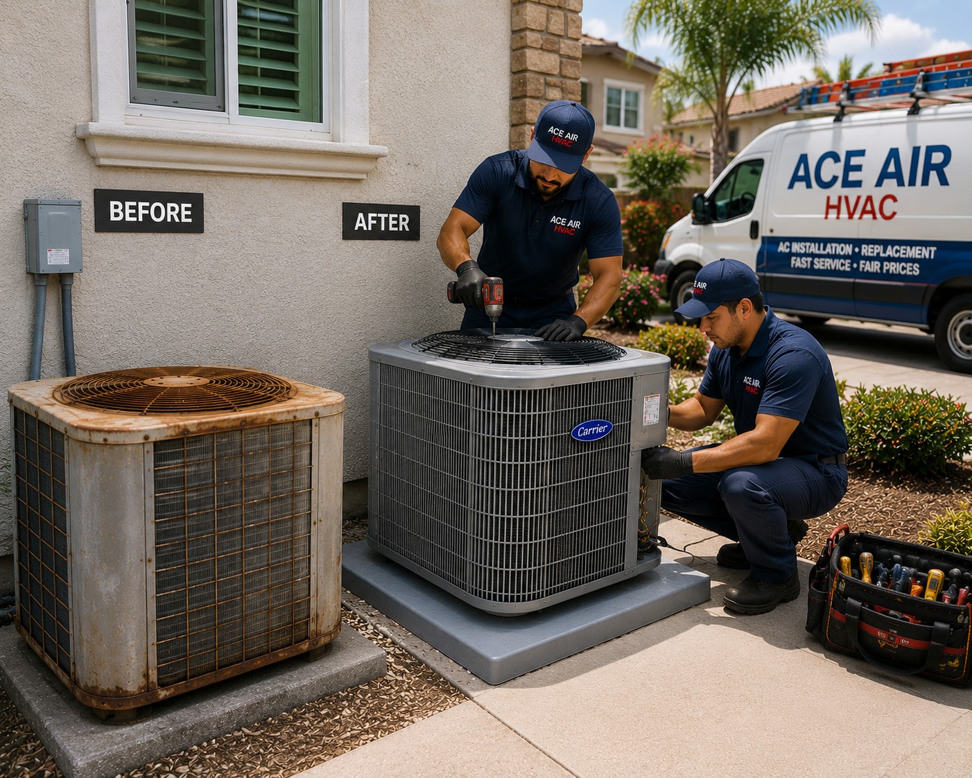 Ace Air replacing an old air conditioner with a new high-efficiency AC system in Orange County