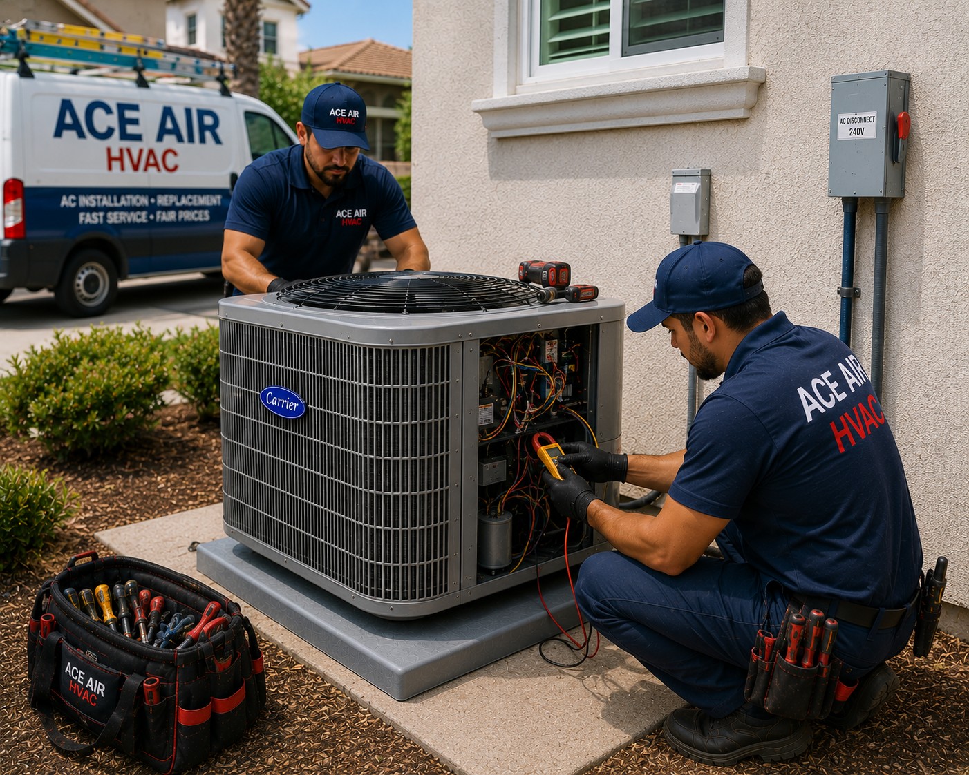 Ace Air technician testing a new replacement AC system