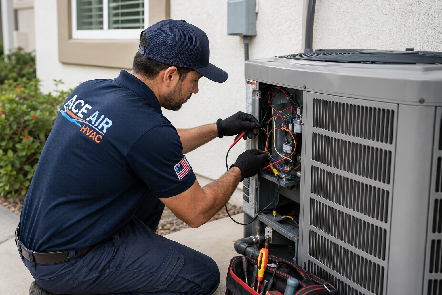 Ace Air technician working on a residential outdoor AC condenser